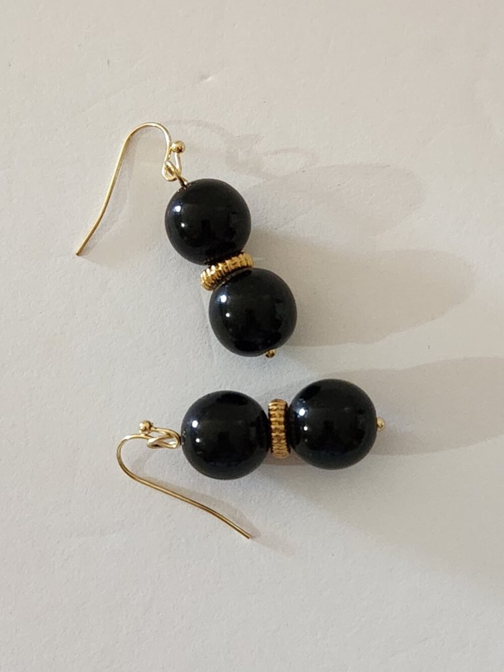 Hand Crafted Black Bead Drop Earrings with Gold